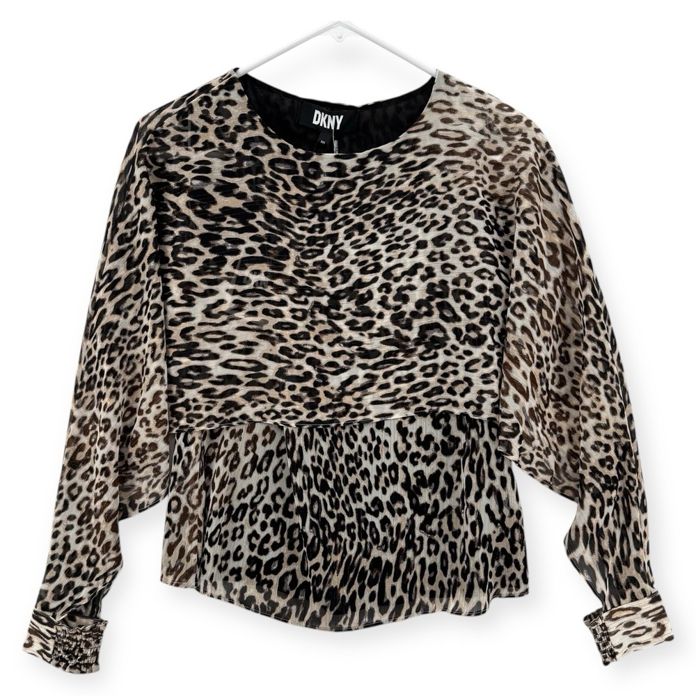 DKNY Leopard Print Blouse Womens Petite XS Long Cape Slit Sleeve Metallic Stripe